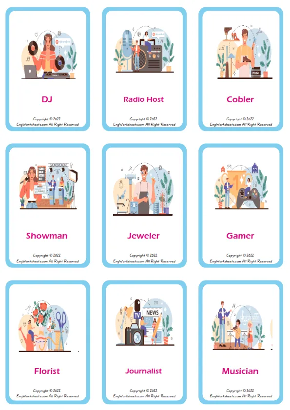 Artistic Occupation vocabulary worksheet with words, nine images per page Worksheet Preview