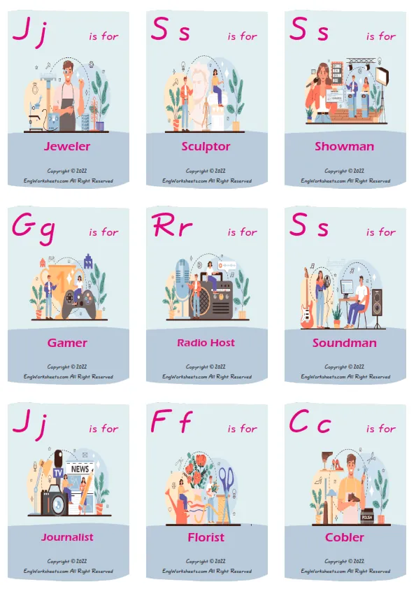 Artistic Occupation vocabulary worksheet with words, nine images per page Worksheet Preview