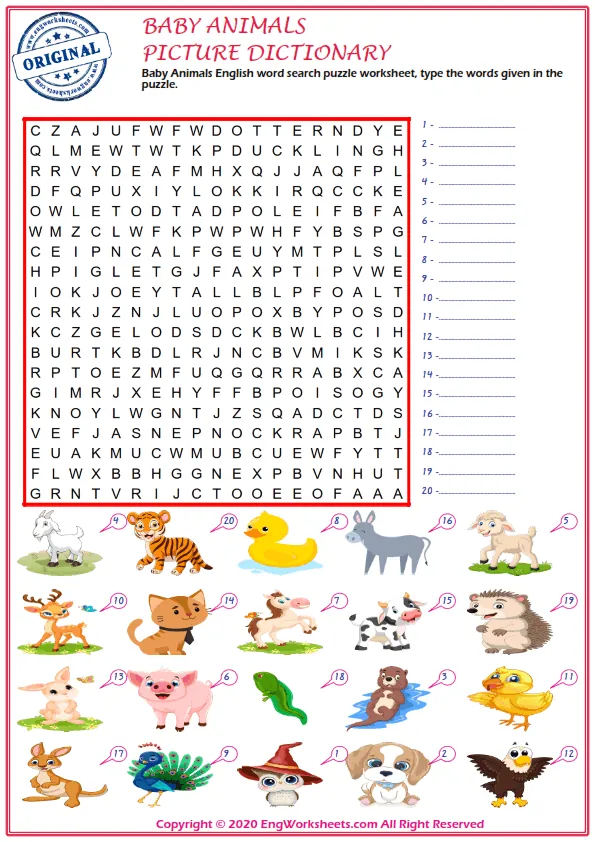 Baby Animals ESL snake word writing exercise worksheet. Worksheet Preview