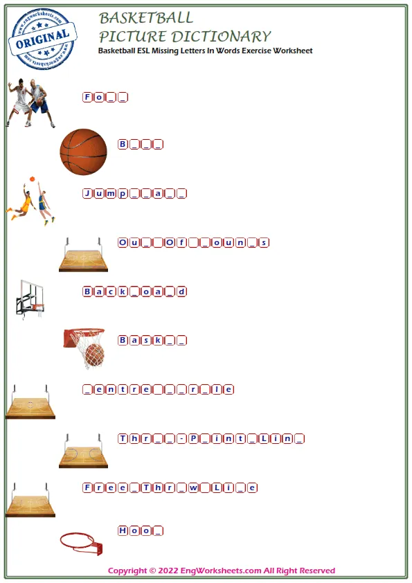 Basketball ESL Missing Letters In Words Exercise Worksheet Worksheet Preview