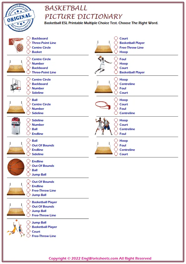 Basketball ESL Printable Multiple Choice Test. Choose The Right Word. Worksheet Preview