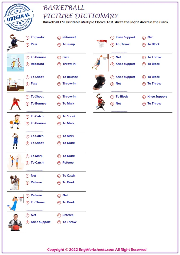 Basketball ESL Printable Multiple Choice Test. Write the Right Word in the Blank. Worksheet Preview