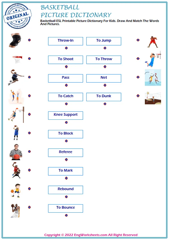 Basketball ESL Printable Picture Dictionary For Kids. Draw And Match The Words And Pictures. Worksheet Preview