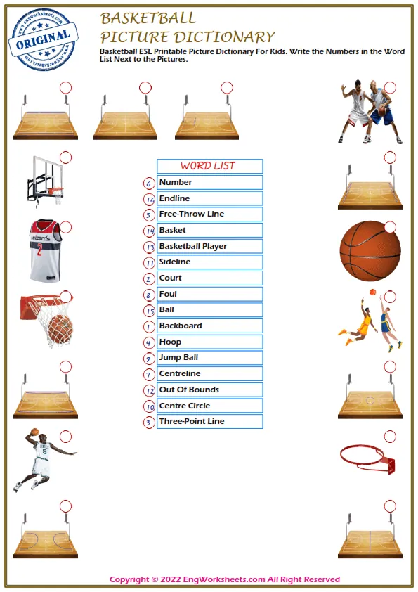 Basketball ESL Printable Picture Dictionary For Kids. Write the Numbers in the Word List Next to the Pictures. Worksheet Preview