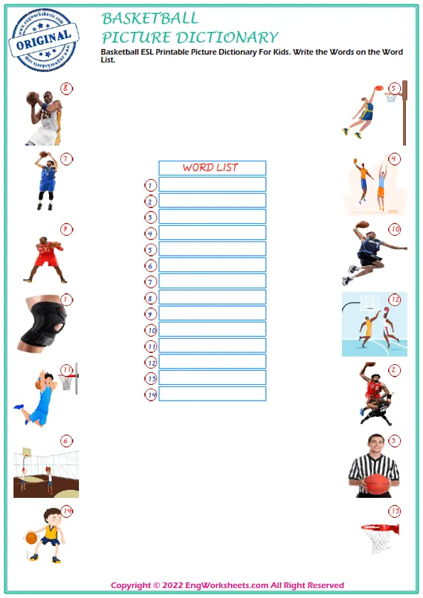 Basketball ESL Printable Picture Dictionary For Kids. Write the Words on the Word List. Worksheet Preview