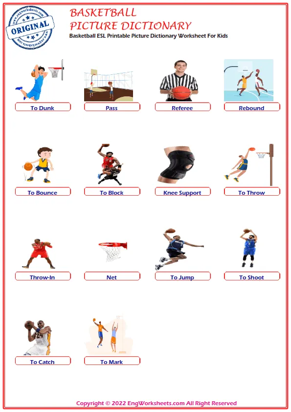 Basketball ESL Printable Picture Dictionary Worksheet For Kids Worksheet Preview