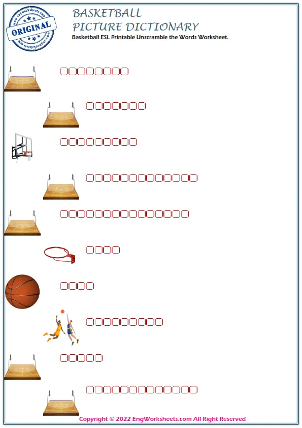 Basketball ESL Printable Unscramble the Words Worksheet. Worksheet Preview