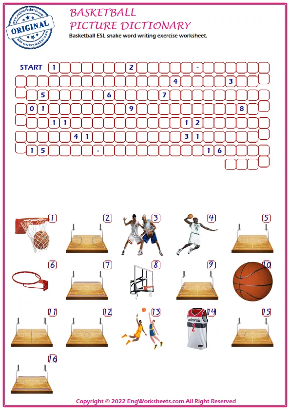 Basketball ESL snake word writing exercise worksheet. Worksheet Preview