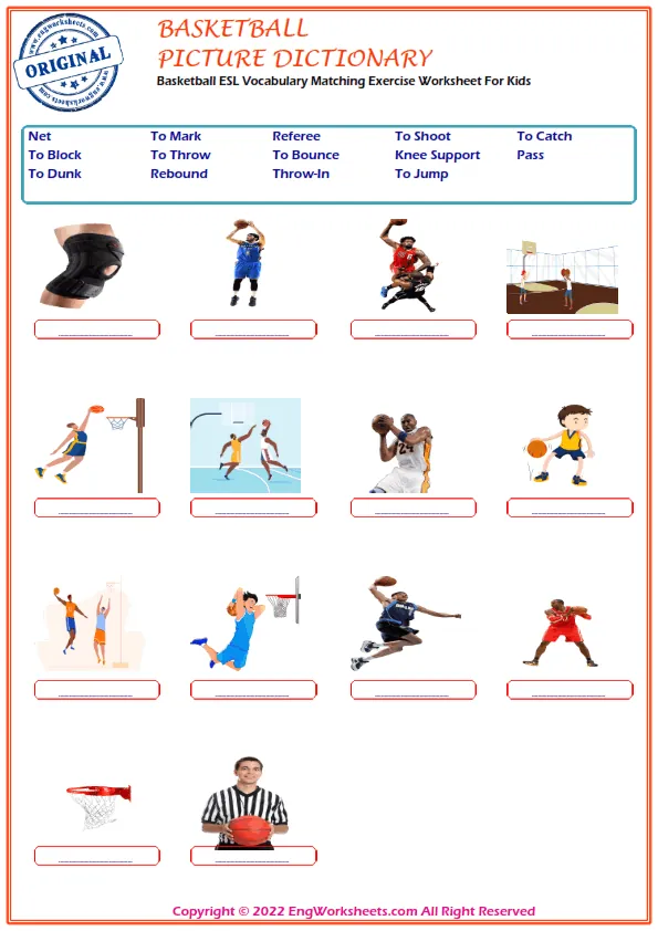 Basketball ESL Vocabulary Matching Exercise Worksheet For Kids Worksheet Preview