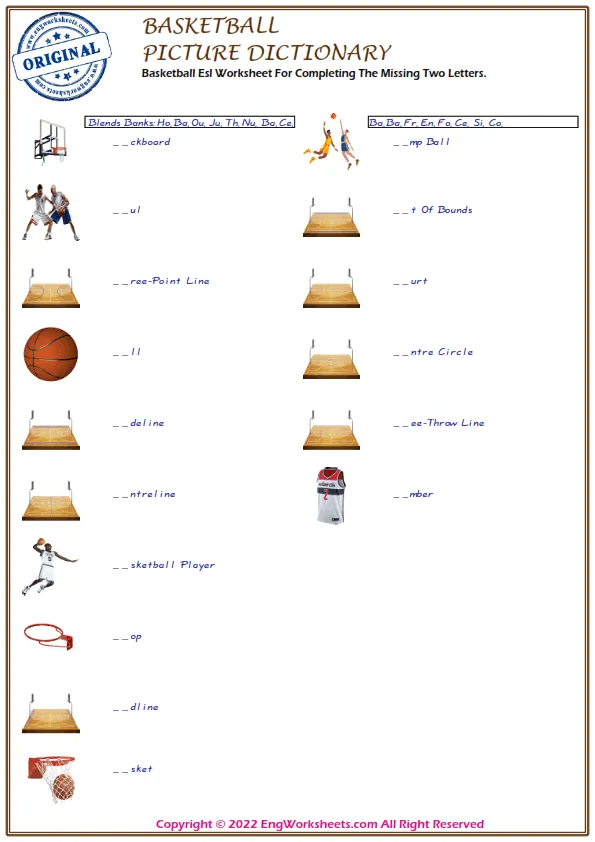 Basketball Esl Worksheet For Completing The Missing Two Letters. Worksheet Preview