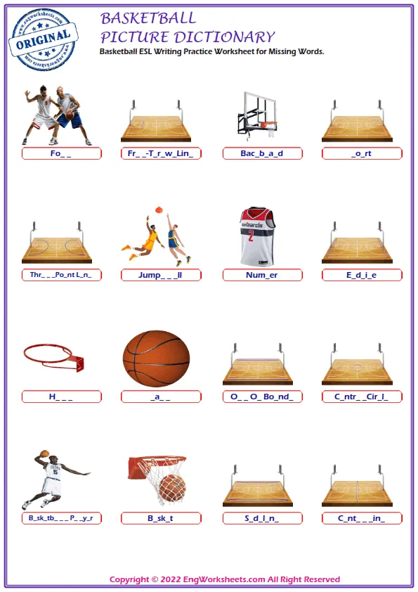 Basketball ESL Writing Practice Worksheet for Missing Words. Worksheet Preview