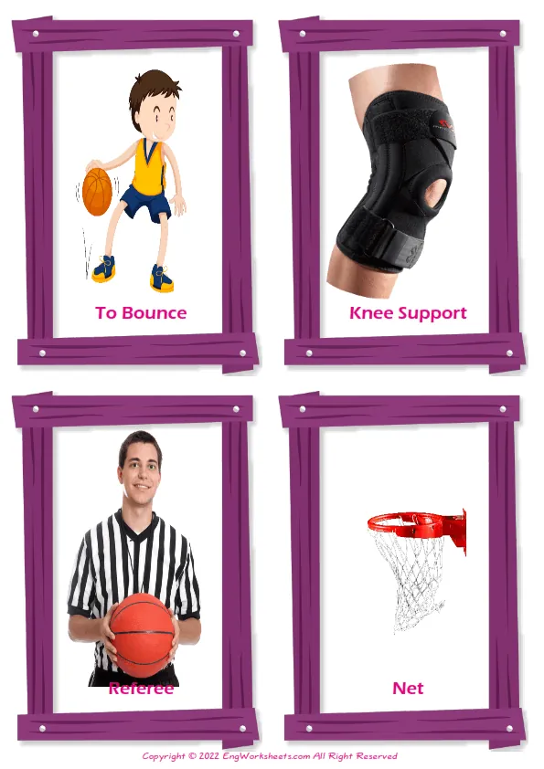 Basketball vocabulary worksheet with words, four images per page Worksheet Preview