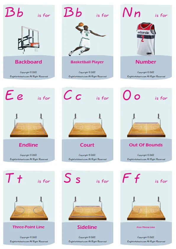 Basketball vocabulary worksheet with words, nine images per page Worksheet Preview