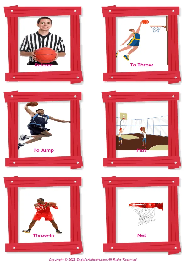 Basketball vocabulary worksheet with words, six images per page Worksheet Preview