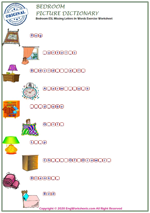 Bedroom ESL Missing Letters In Words Exercise Worksheet Worksheet Preview