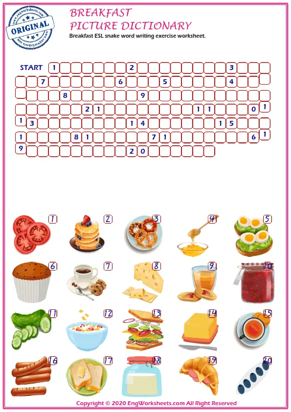 Breakfast ESL snake word writing exercise worksheet. Worksheet Preview