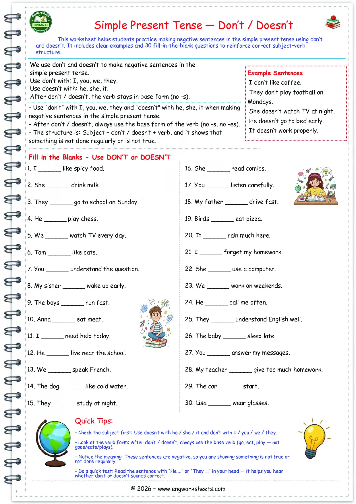 Simple Present Tense Don’t and Doesn’t Worksheet PDF Worksheet Preview