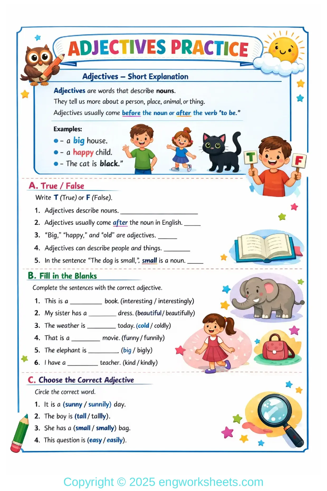 Adjectives Worksheet for ESL Students with Answers Worksheet Preview