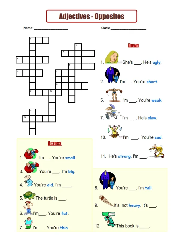 Adjectives, Opposites Crossword Worksheet Preview