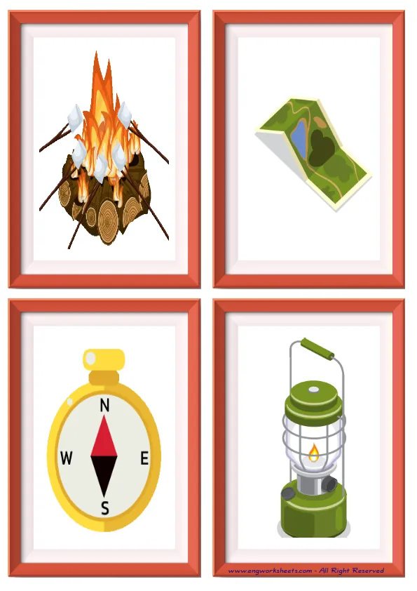 Quarter page ESL Flashcard without words containing Camping picture for kids and teachers. Worksheet Preview