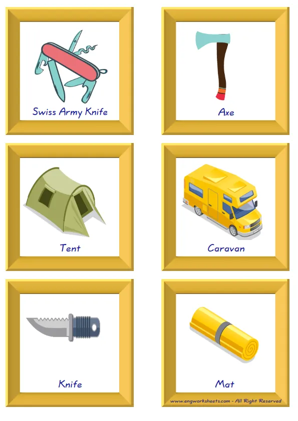 ESL Flashcard together with words containing Camping picture for kids and teachers. Worksheet Preview