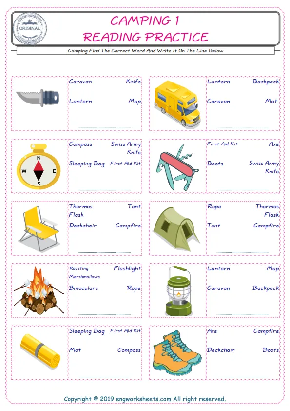 Check the picture of the Camping for kids ESL worksheet for supplying the correct one among three words into the blank place. Worksheet Preview
