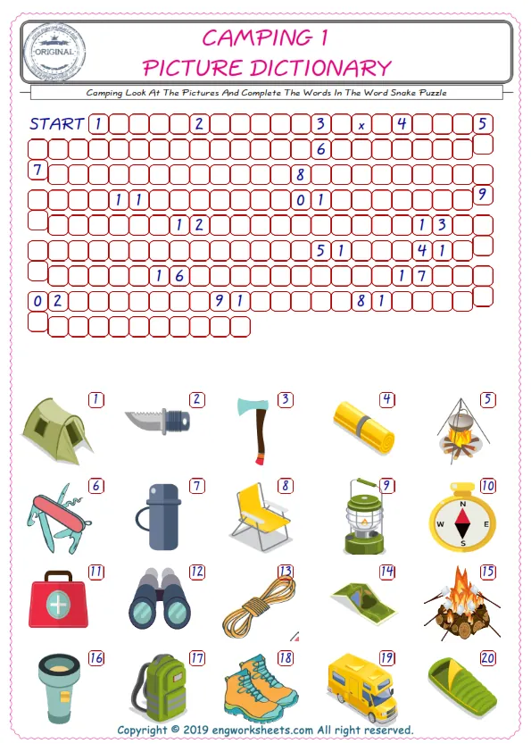 Check the Illustrations of Camping english worksheets for kids, and Supply the Missing Words in the Word Snake Puzzle ESL play. Worksheet Preview