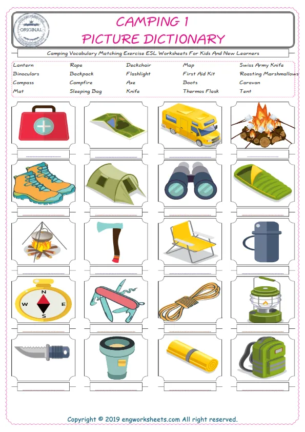 Camping for Kids ESL Word Matching English Exercise Worksheet. Worksheet Preview