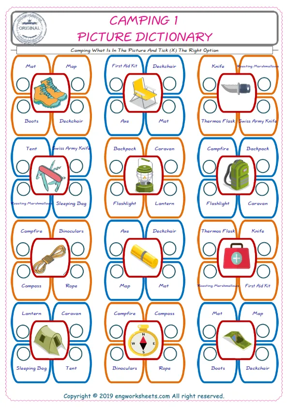 check the picture, mark the correct option amongst the given Camping words English worksheet for kids Worksheet Preview