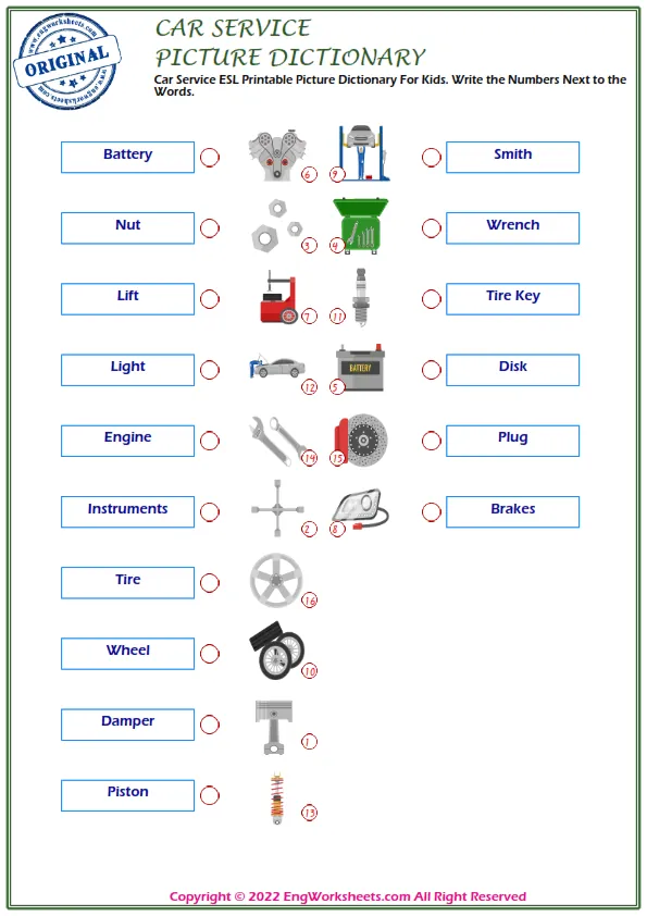 Car Service ESL Printable Picture Dictionary For Kids. Write the Numbers Next to the Words. Worksheet Preview