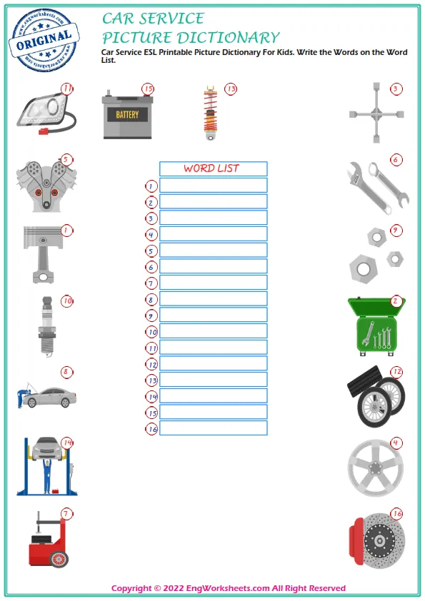 Car Service ESL Printable Picture Dictionary For Kids. Write the Words on the Word List. Worksheet Preview