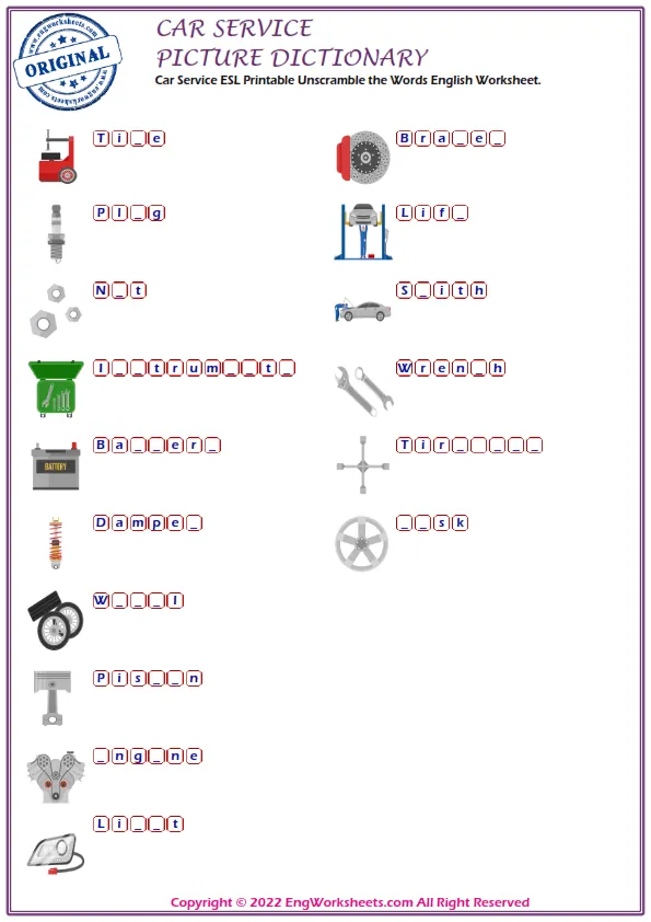 Car Service ESL Printable Unscramble the Words English Worksheet. Worksheet Preview
