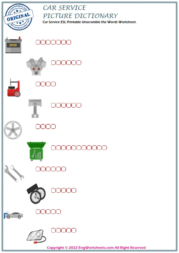 Car Service ESL Printable Unscramble the Words Worksheet. Worksheet Preview