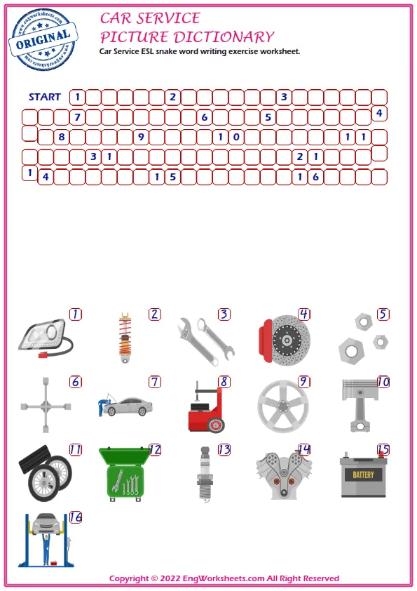 Car Service ESL snake word writing exercise worksheet. Worksheet Preview
