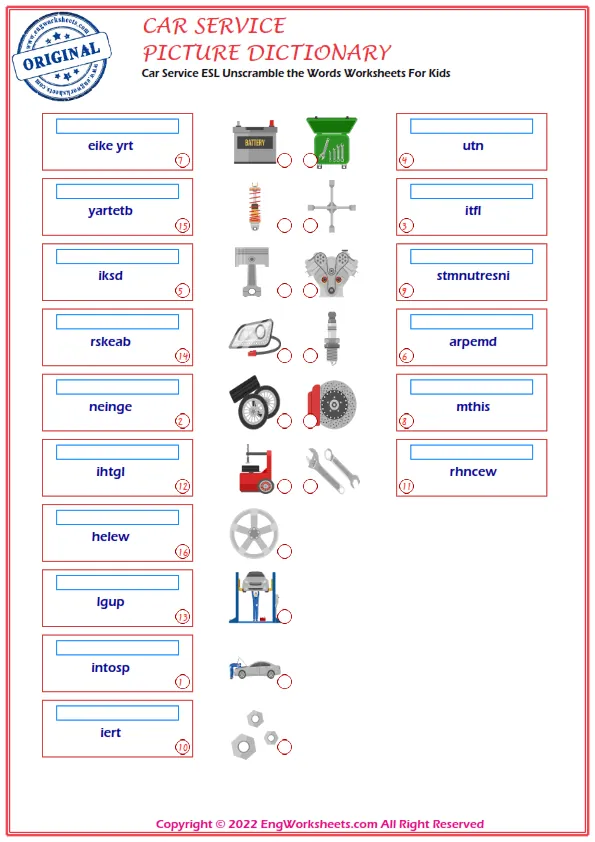 Car Service ESL Unscramble the Words Worksheets For Kids Worksheet Preview