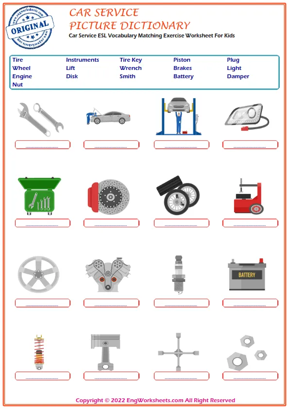 Car Service ESL Vocabulary Matching Exercise Worksheet For Kids Worksheet Preview