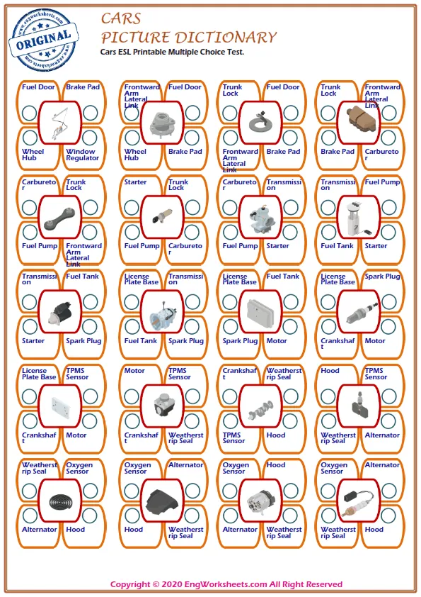 Cars ESL Printable Multiple Choice Test. Worksheet Preview