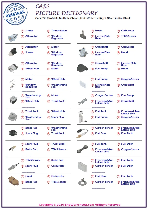 Cars ESL Printable Multiple Choice Test. Write the Right Word in the Blank. Worksheet Preview