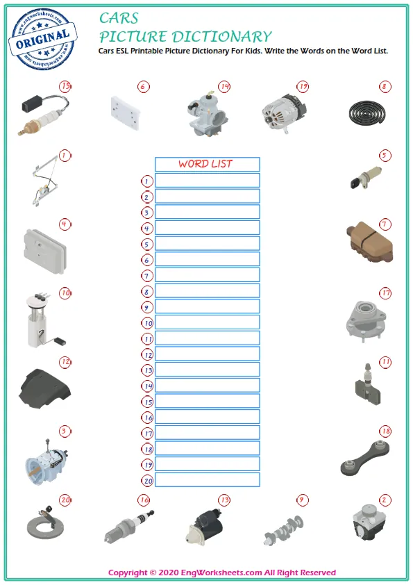 Cars ESL Printable Picture Dictionary For Kids. Write the Words on the Word List. Worksheet Preview