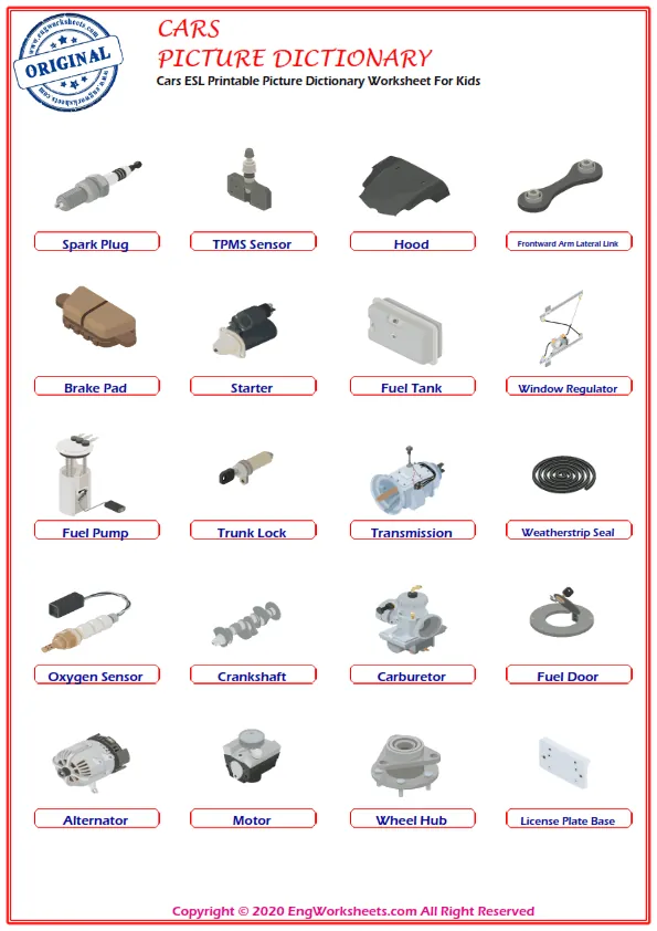 Cars ESL Printable Picture Dictionary Worksheet For Kids Worksheet Preview