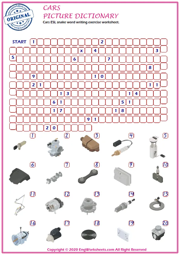 Cars ESL snake word writing exercise worksheet. Worksheet Preview