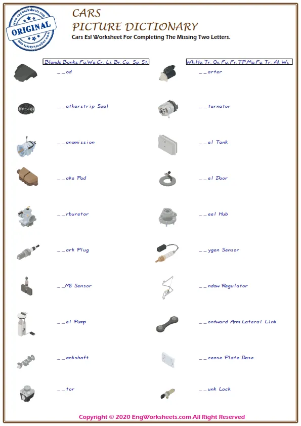 Cars Esl Worksheet For Completing The Missing Two Letters. Worksheet Preview