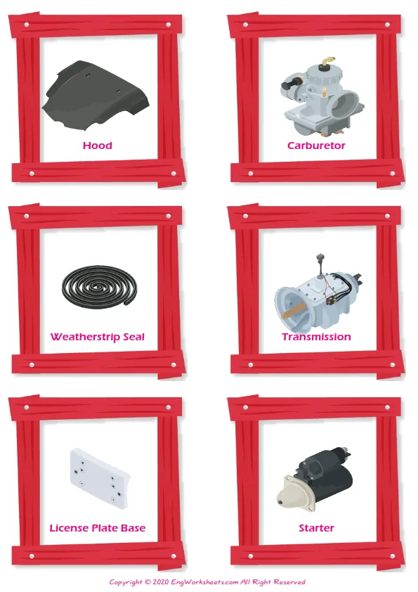 Cars vocabulary worksheet with words, six images per page Worksheet Preview