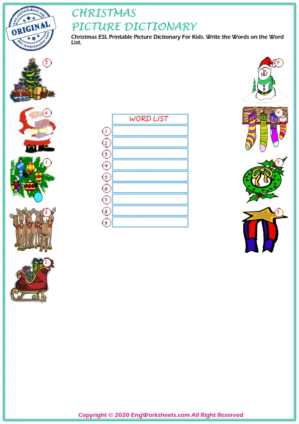 Christmas ESL Printable Picture Dictionary For Kids. Write the Words on the Word List. Worksheet Preview