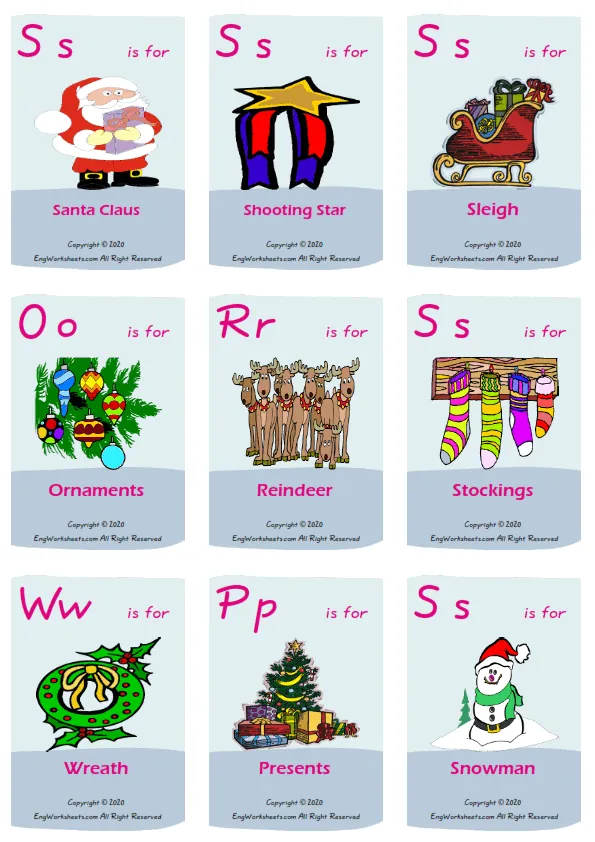 Christmas vocabulary worksheet with words, nine images per page Worksheet Preview