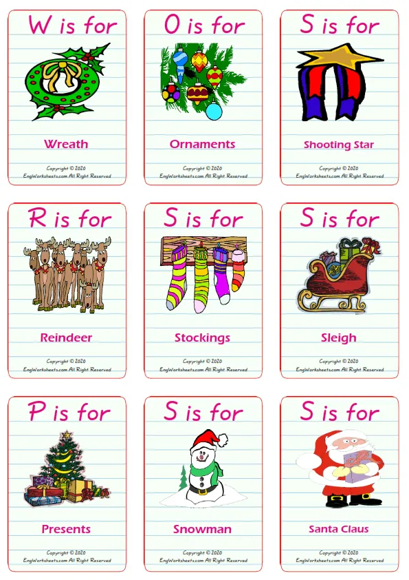 Christmas vocabulary worksheet with words, nine images per page Worksheet Preview