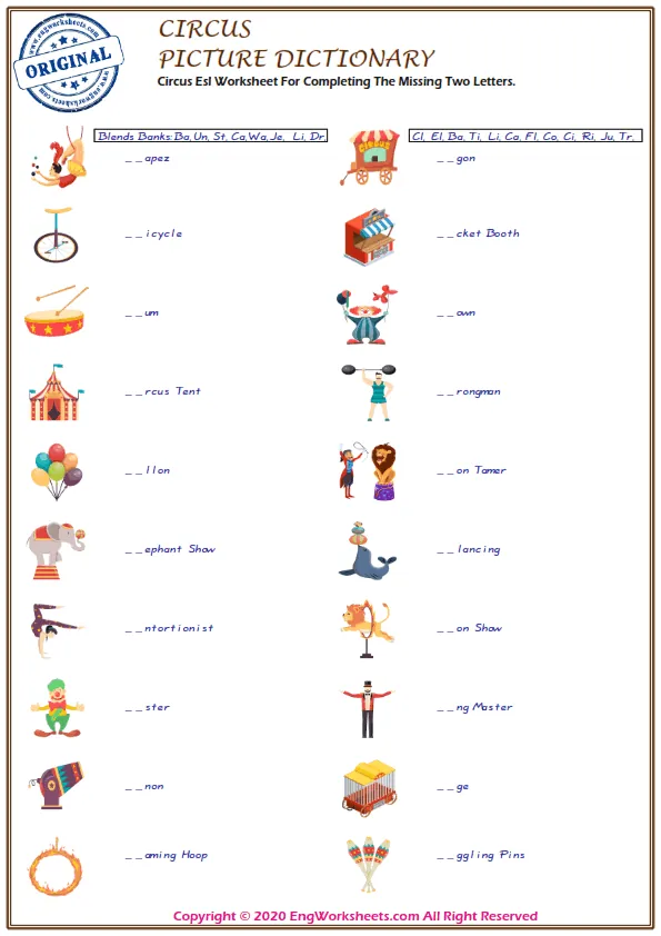 Circus Esl Worksheet For Completing The Missing Two Letters. Worksheet Preview