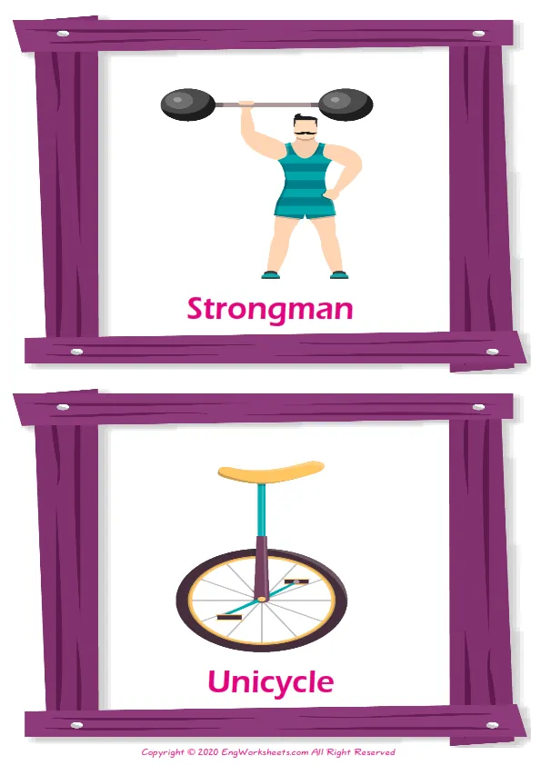 Circus vocabulary worksheet with words, two images per page Worksheet Preview