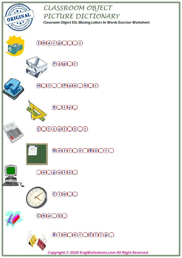 Classroom Objects ESL Missing Letters In Words Exercise Worksheet Worksheet Preview