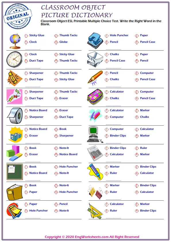 Classroom Objects ESL Printable Multiple Choice Test. Write the Right Word in the Blank. Worksheet Preview